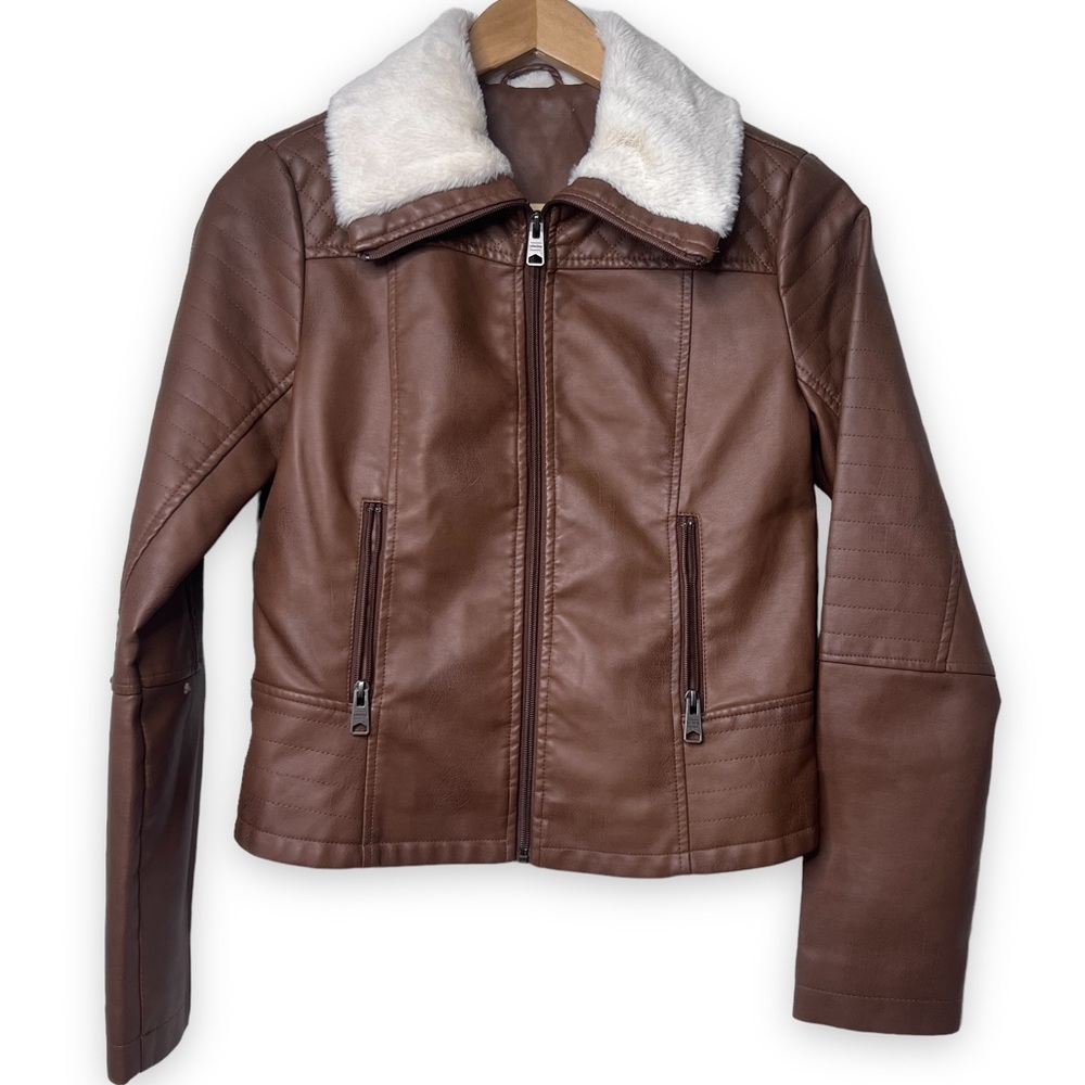 Coffeeshop Juniors' Faux-Fur-Collar Moto Jacket Brown Tan